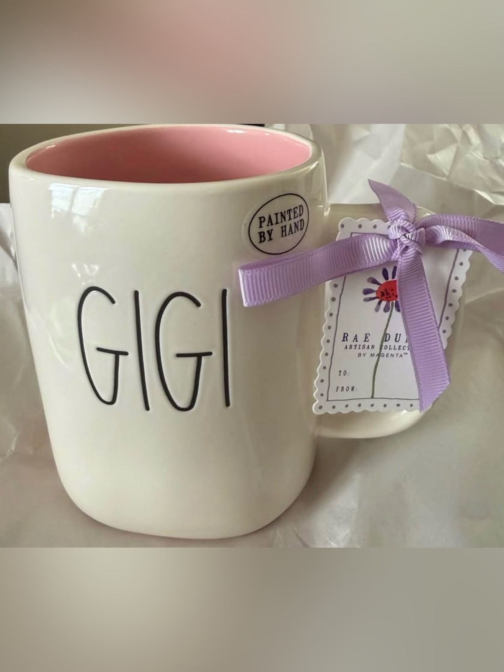 Rae Dunn GIGI Ceramic Mug with Pink Interior
